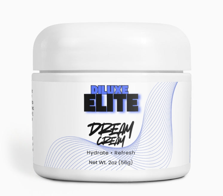 White jar of Deluxe Elite Dream Cream on a white background